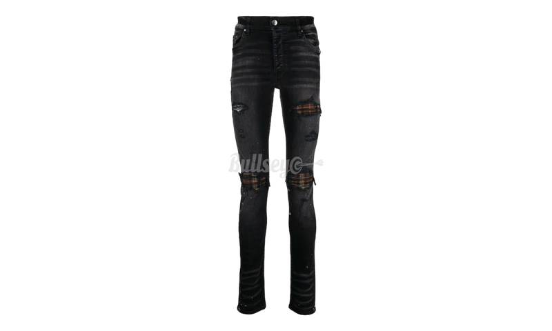 Amiri MX1 Brown Plaid Patch Jeans Aged Black-Espadrille Platform Wedge Sandals in Leather