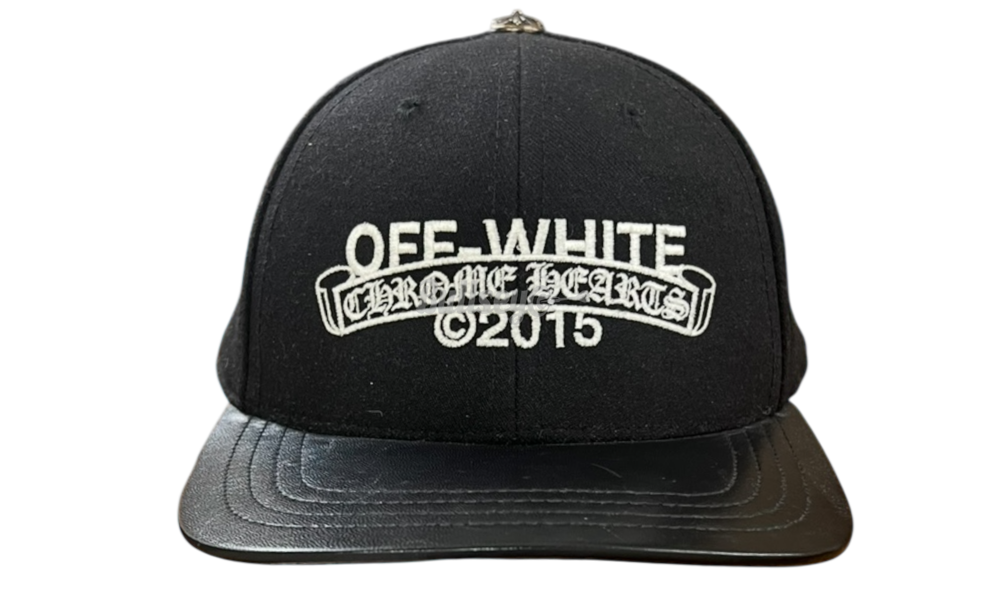 Chrome Hearts x Off-White Black Leather Brim Scroll Silver Fitted Hat (Preowned)-Bullseye Sneaker Boutique