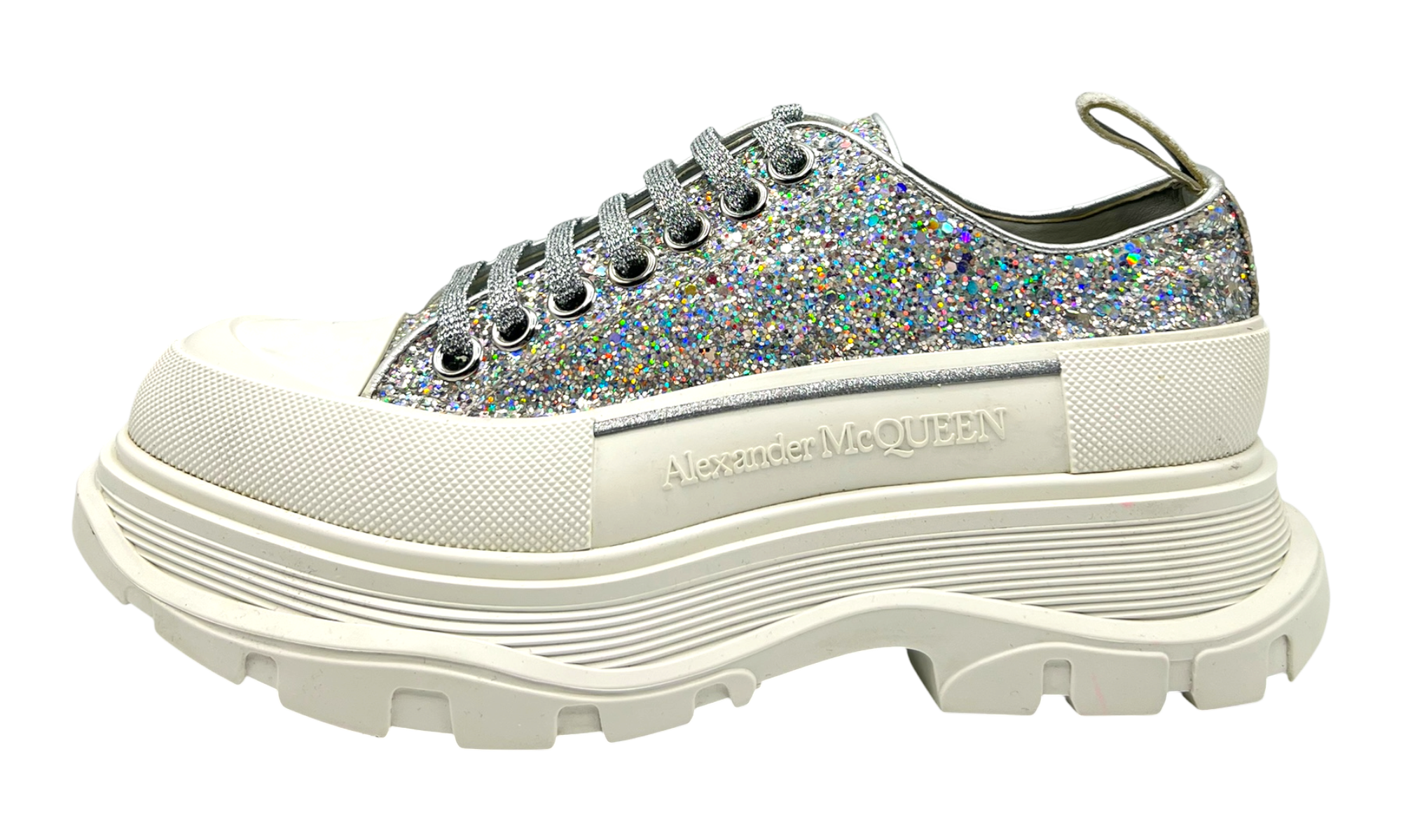 Alexander McQueen Wmns Tread Slick Lace Up "Holo Silver Glitter" (PreOwned)