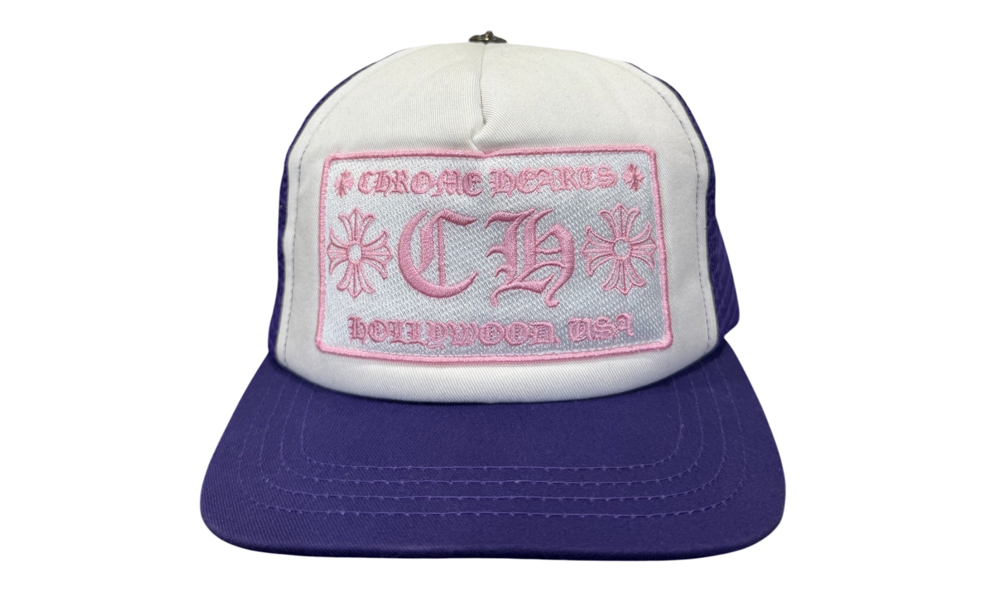 Chrome Hearts CH Hollywood Trucker Hat Purple/White/Pink (Minor Cracked Strap)