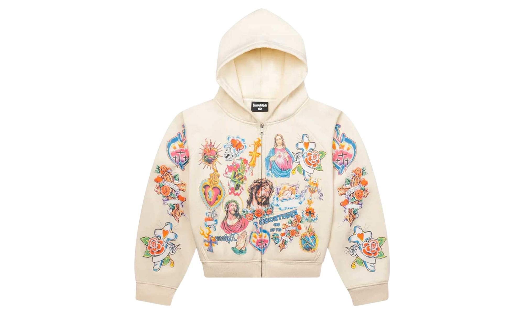 We Are Righteous Risen King Cream Cropped Zip-Up Hoodie