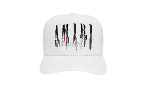 Amiri White Paint Drip Core Logo Trucker Hat-Britney Spears Pops in Red Boots With Crop Top & Miniskirt While En Route to New York City