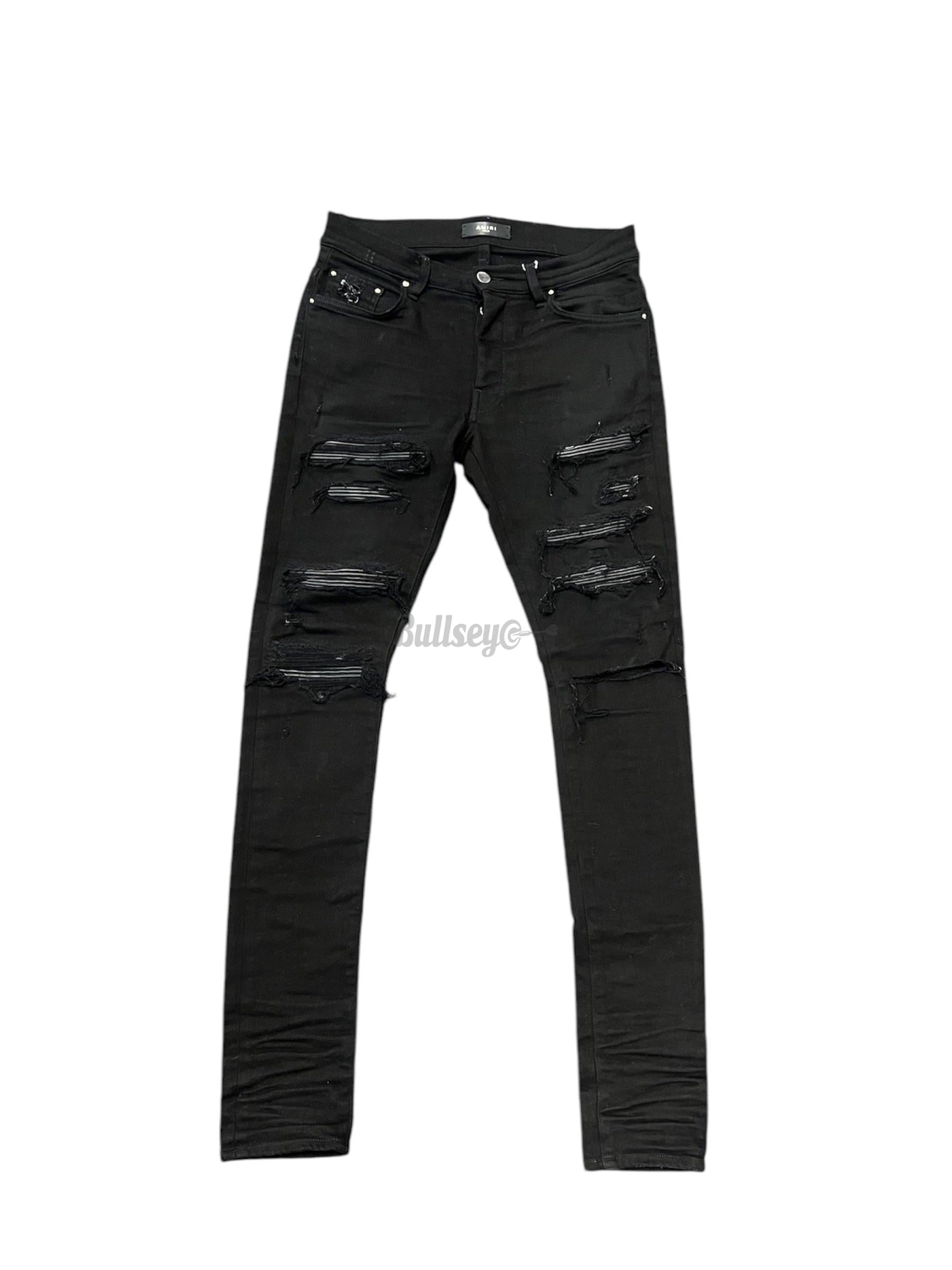 Amiri Leather Thrasher Ripped Black Jeans (PreOwned)-Bullseye Sneaker Boutique