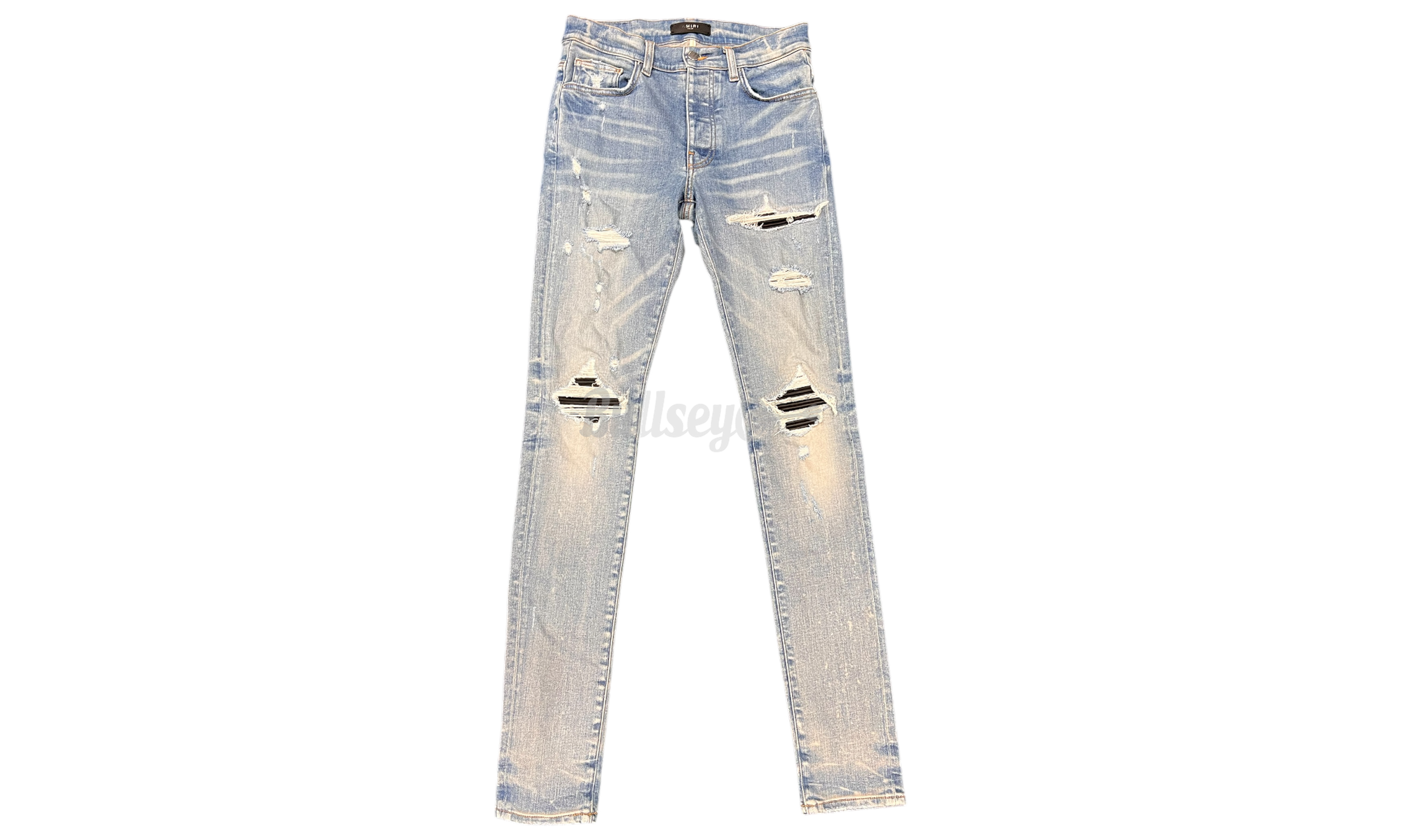 Amiri MX1 Clay Indigo Black Leather Patch Jeans (PreOwned)-Bullseye Sneaker Boutique