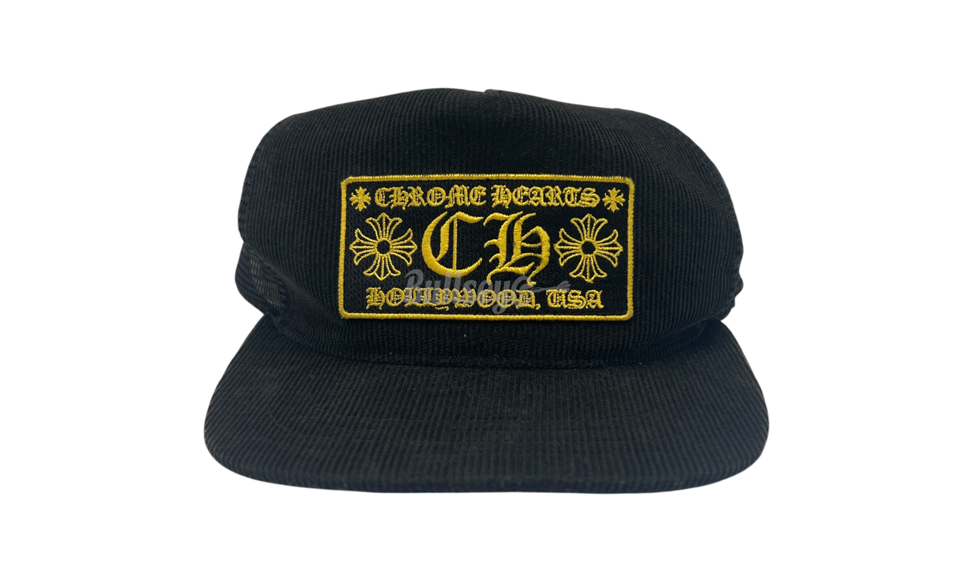 Chrome Hearts Hollywood Corduroy Black/Gold Trucker Hat (PreOwned)-Bullseye Sneaker Boutique