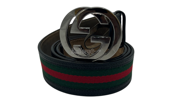 Gucci Web Green/Red Canvas Silver Interlocking G Buckle Black Belt (PreOwned)-Bullseye Sneaker Boutique