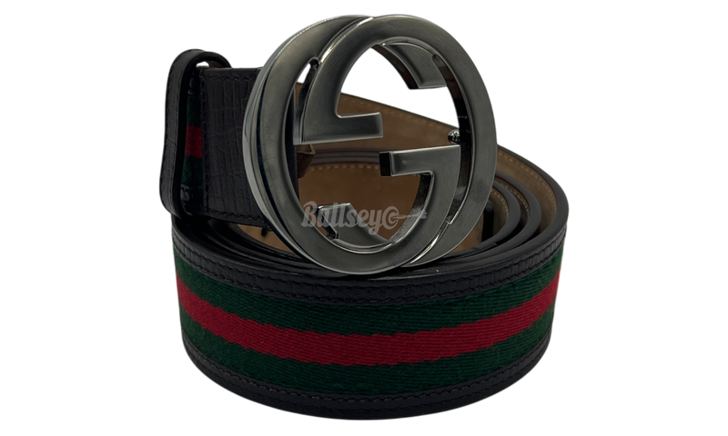 Gucci Web Green/Red Canvas Silver Interlocking G Buckle Brown Belt (PreOwned)-Bullseye Sneaker Boutique