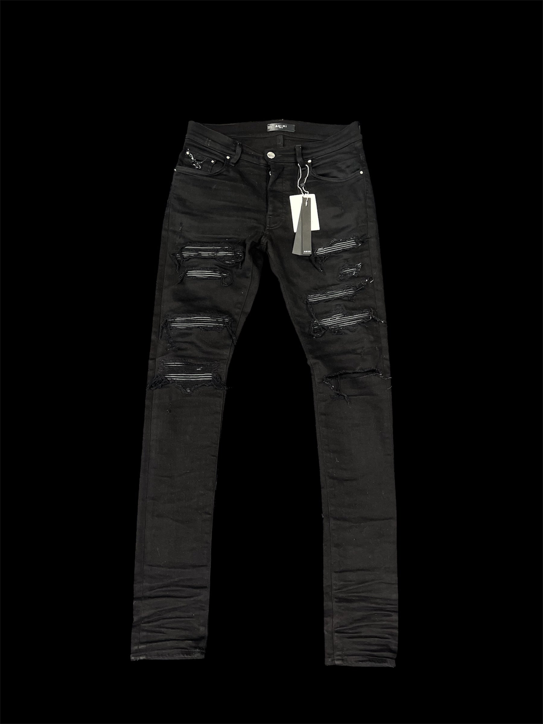 Amiri Leather Thrasher Ripped Black Jeans (PreOwned)