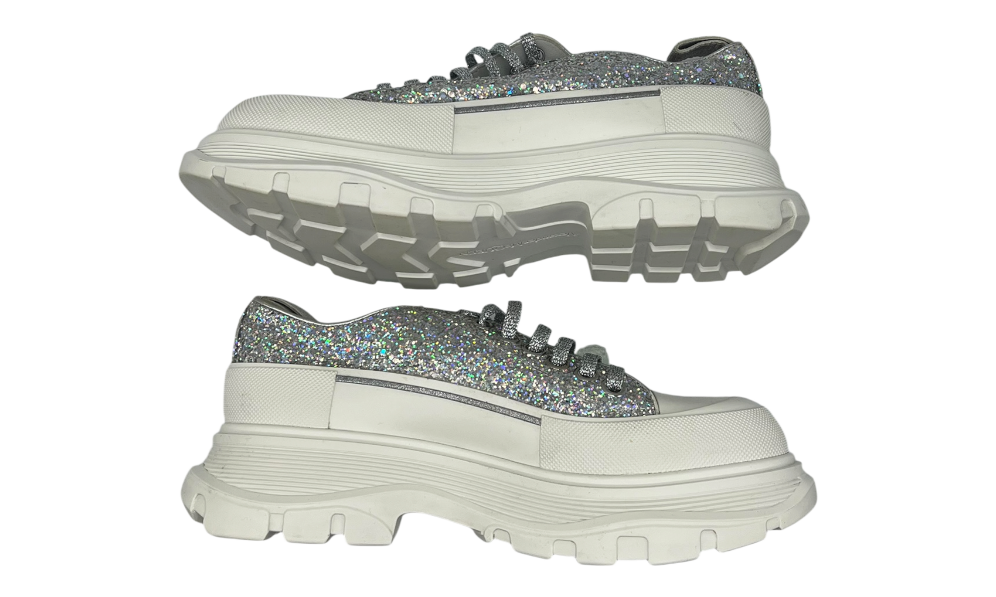 Alexander McQueen Wmns Tread Slick Lace Up "Holo Silver Glitter" (preOwned)