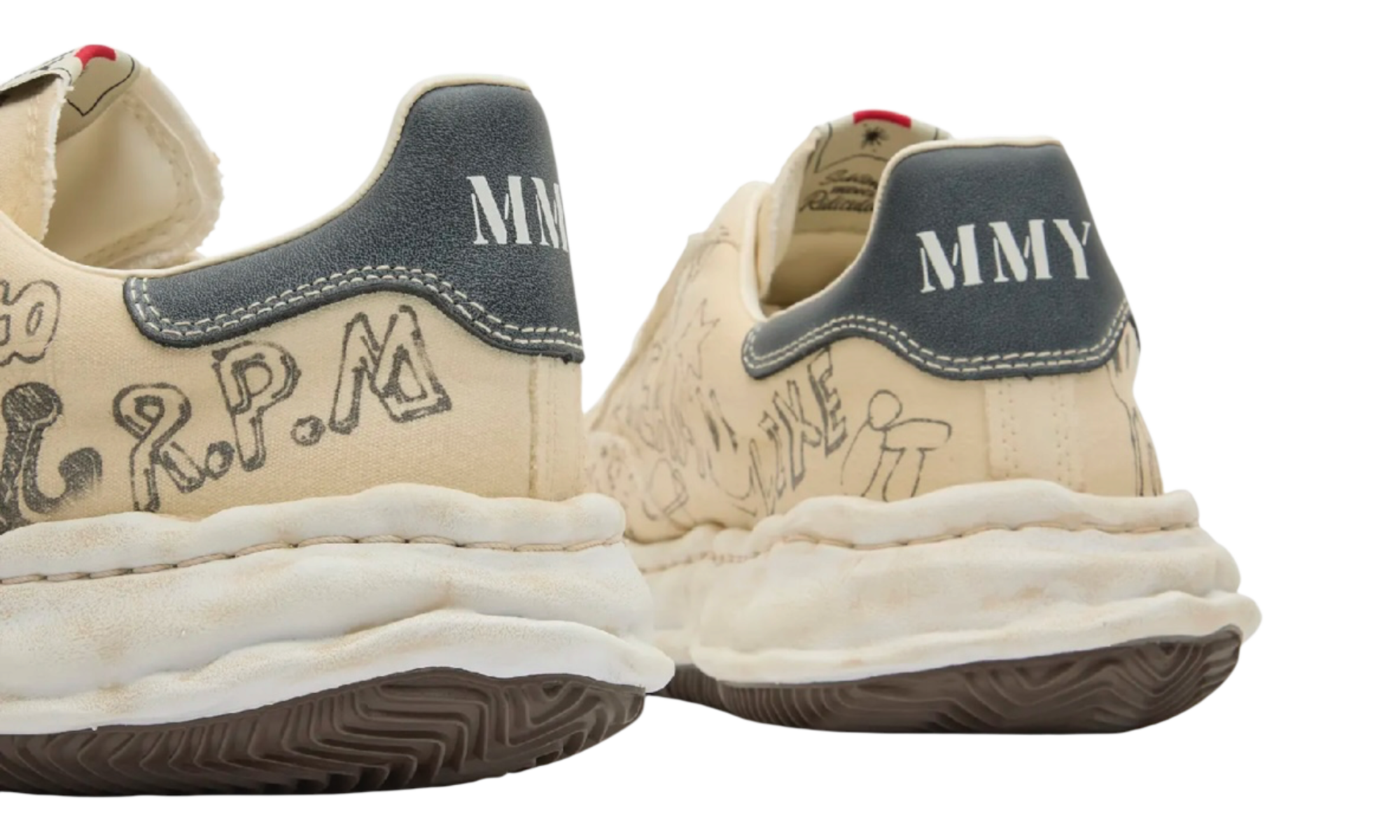 Maison Mihara Yasuhio Blakey Original Sole Graffiti Printed Canvas Cream Low-Top Sneaker