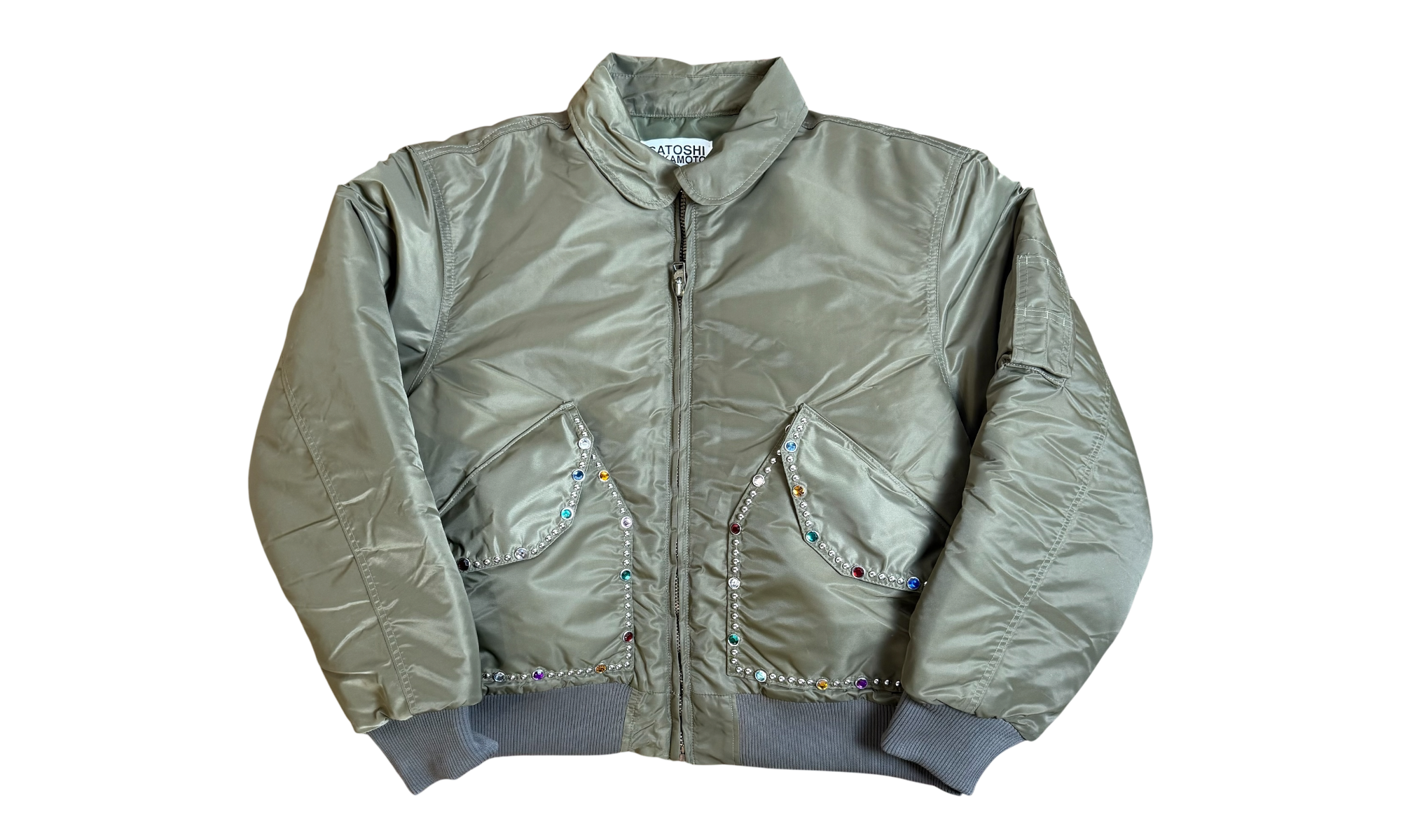 Satoshi Nakamoto Crystal Nylon Khaki Bomber Jacket