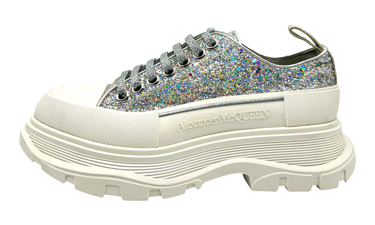 Alexander McQueen Wmns Tread Slick Lace Up "Holo Silver Glitter" (PreOwned)