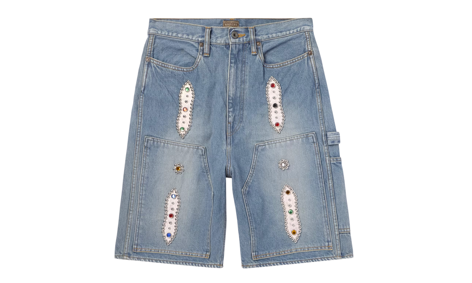 Kapital Straight-Leg Leather-Trimmed Embellished Denim Shorts