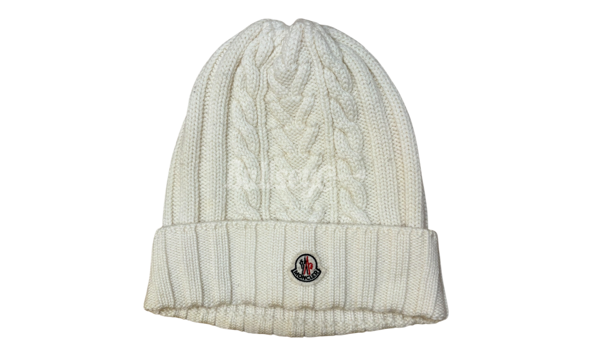 Moncler Cable-Knit Logo White Beanie (PreOwned)