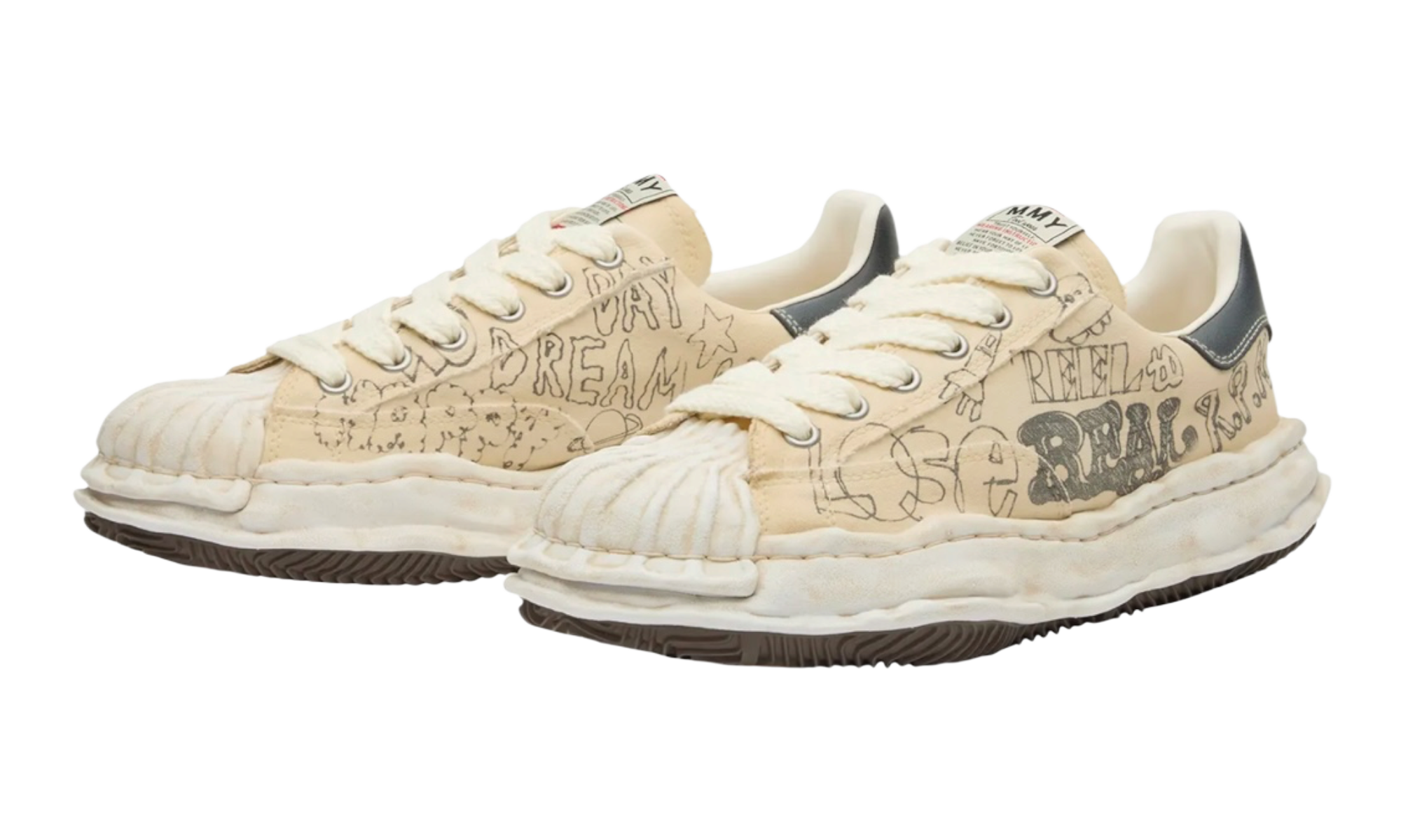 Maison Mihara Yasuhio Blakey Original Sole Graffiti Printed Canvas Cream Low-Top Sneaker