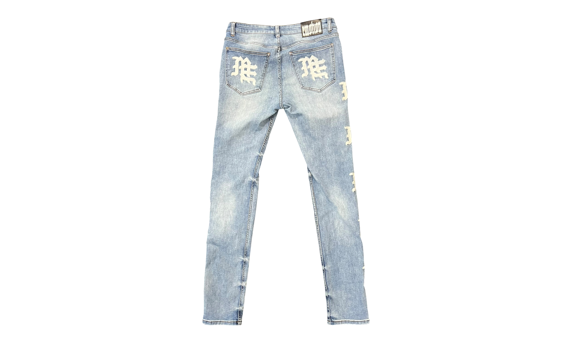 Mixed Emotion "Monogram" Blue Wash White Logo Denim (PreOwned)