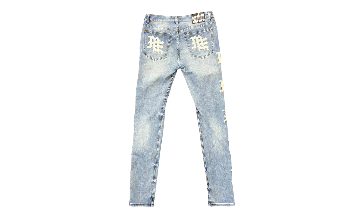 Mixed Emotion "Monogram" Blue Wash White Logo Denim (PreOwned)