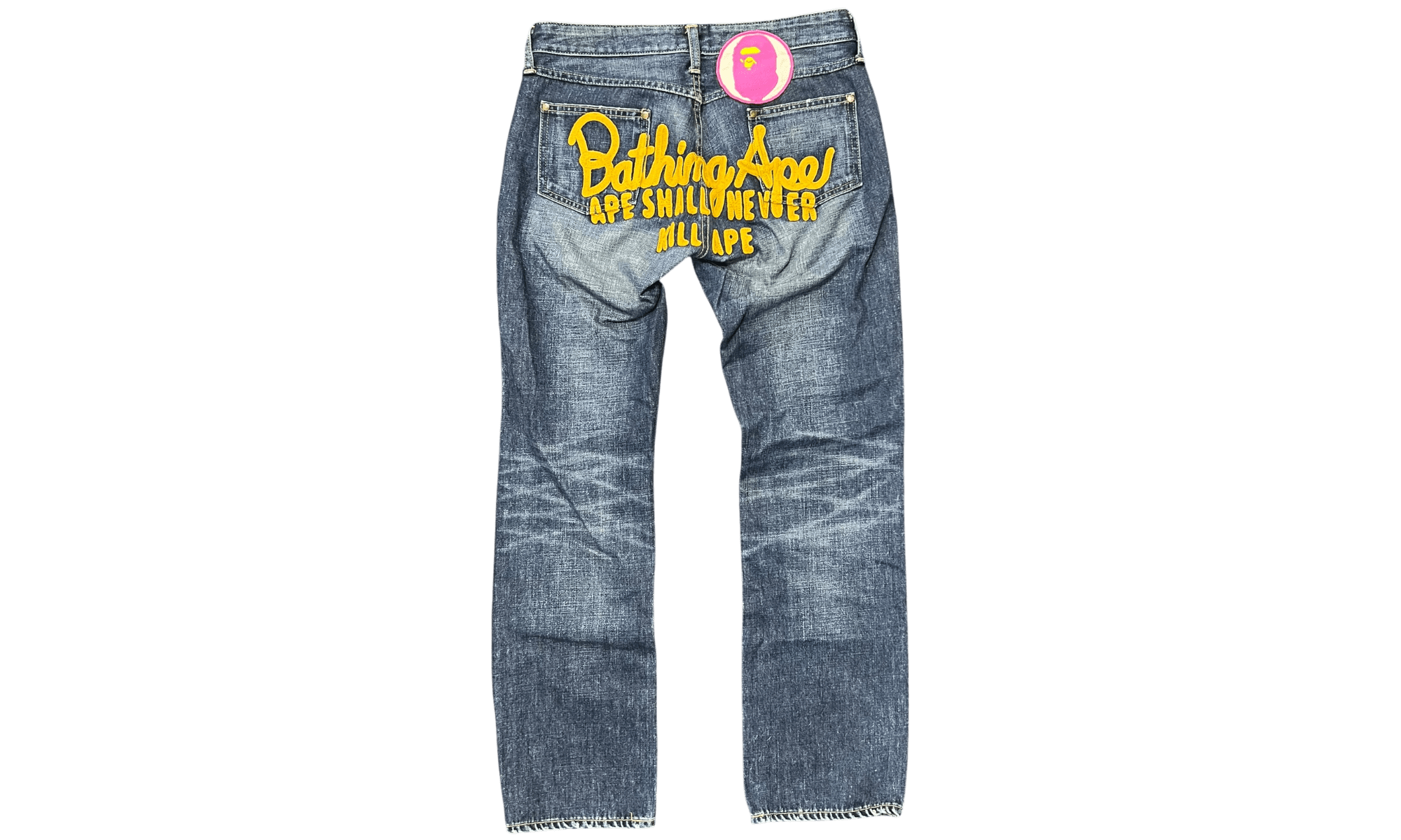 Bape Yellow Embroidered Pink Logo Jeans (Women's) (PreOwned)