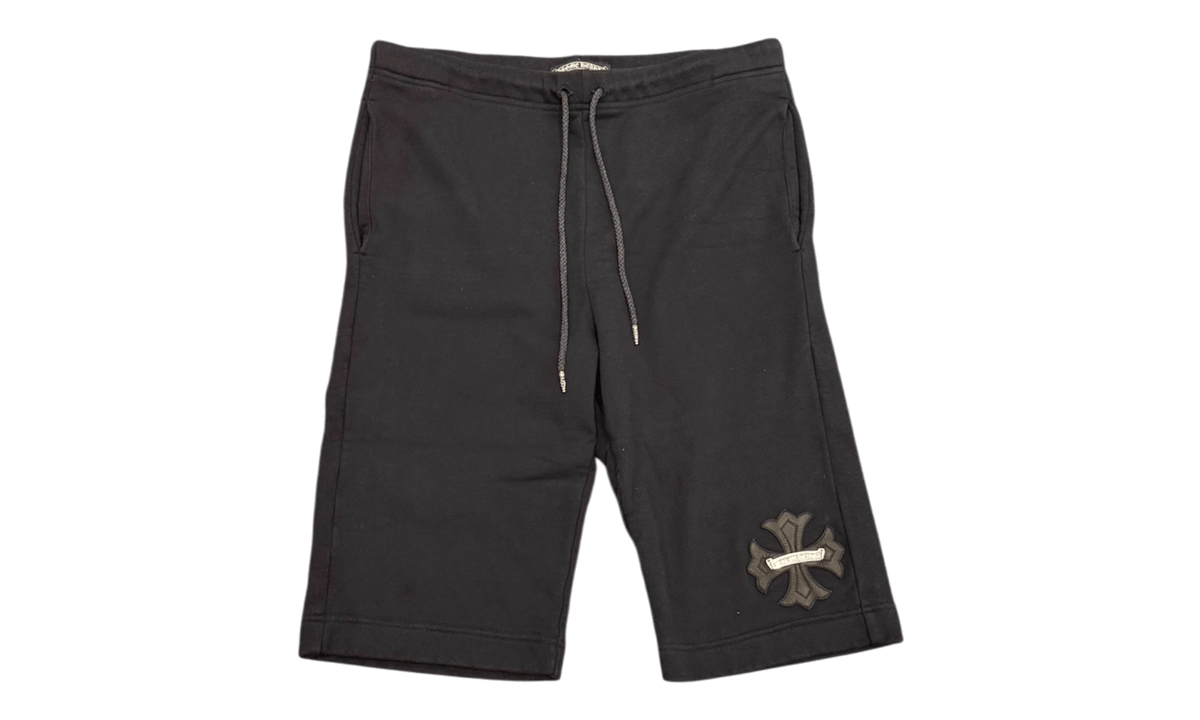 Chrome Hearts Vintage 3/4 Long Leather Patch Silver Scroll Logo Black Sweatshorts