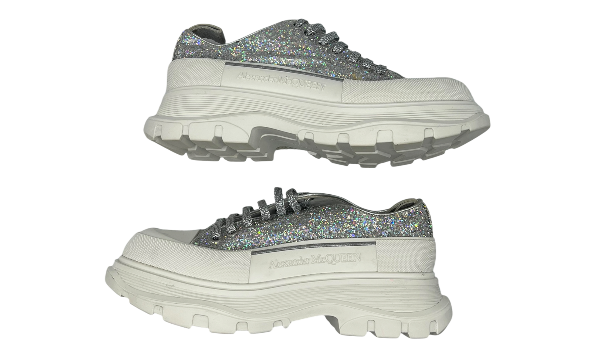 Alexander McQueen Wmns Tread Slick Lace Up "Holo Silver Glitter" (PreOwned)