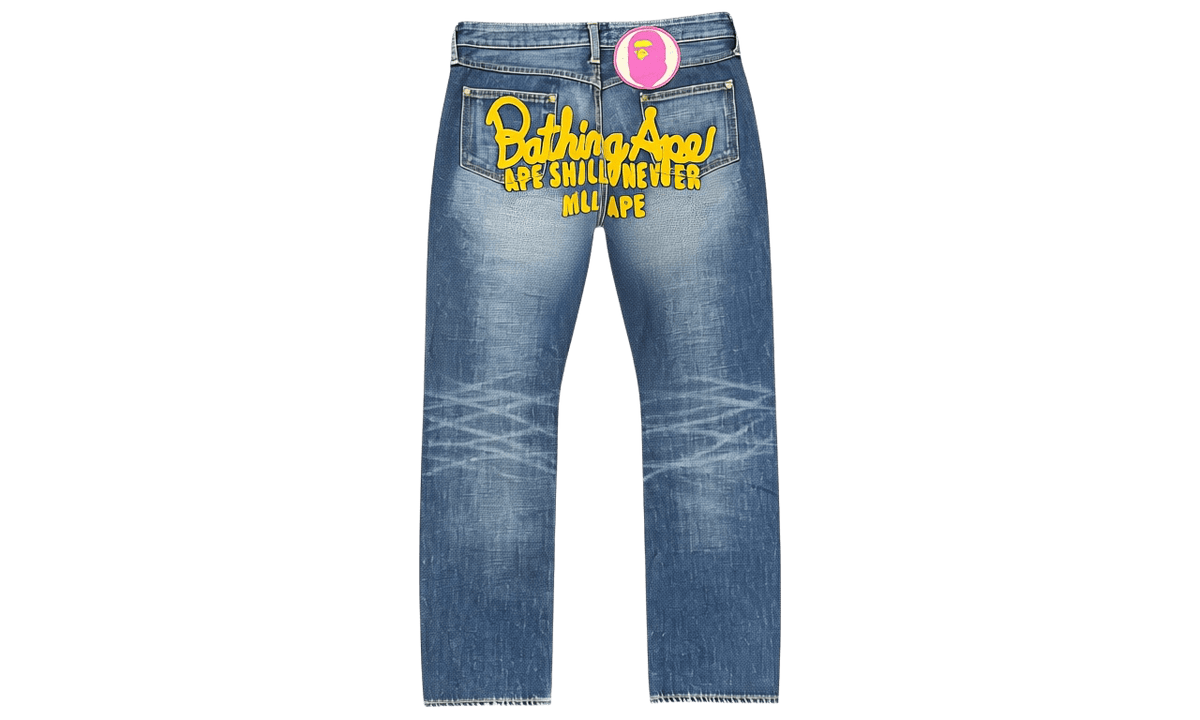 Bape Yellow Embroidered Pink Logo Jeans (Women's) (PreOwned)