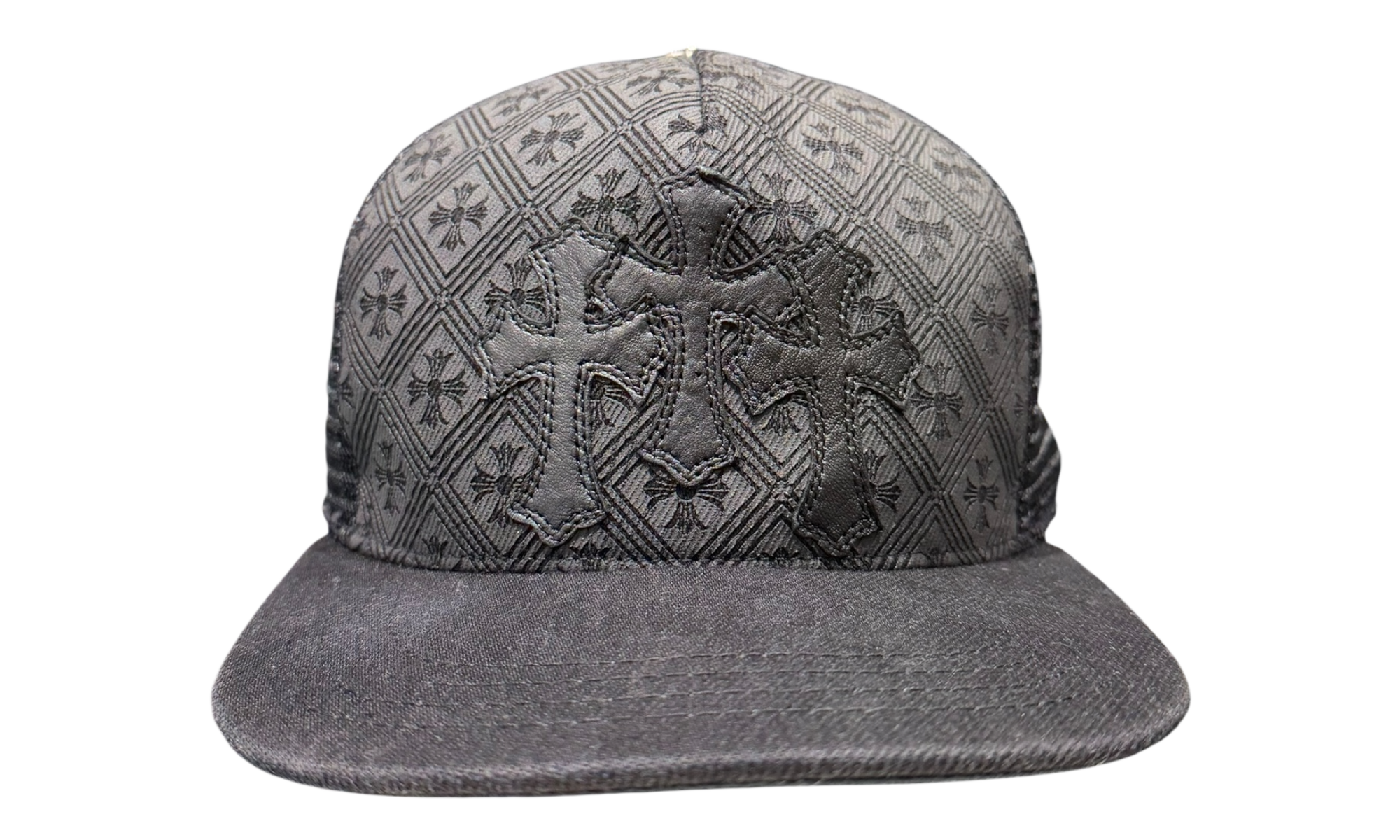Chrome Hearts Leather Cemetery Triple Cross Monogram Black Trucker Hat