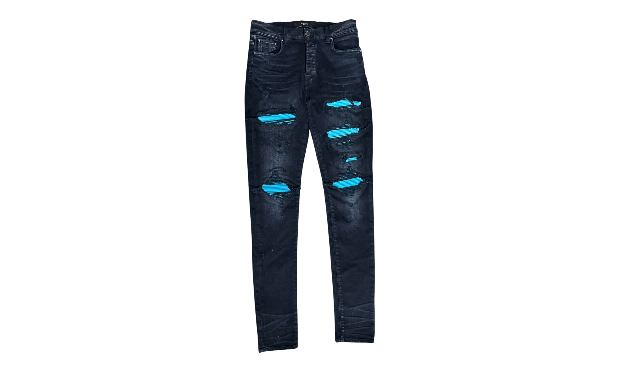 Amiri MX1 Blue Suede Patch Black Jeans (PreOwned)