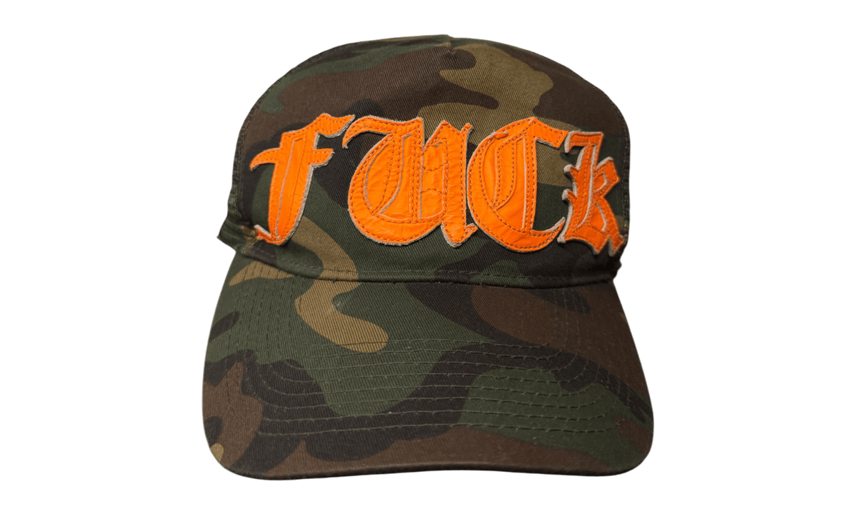 Chrome Hearts Vintage Camo Orange Leather Patch Trucker Hat (Preowned)