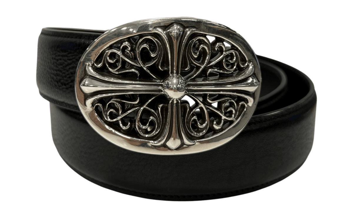 Chrome Hearts 1.5 in Oval .925 Silver Belt Buckle & Black Leather Strap