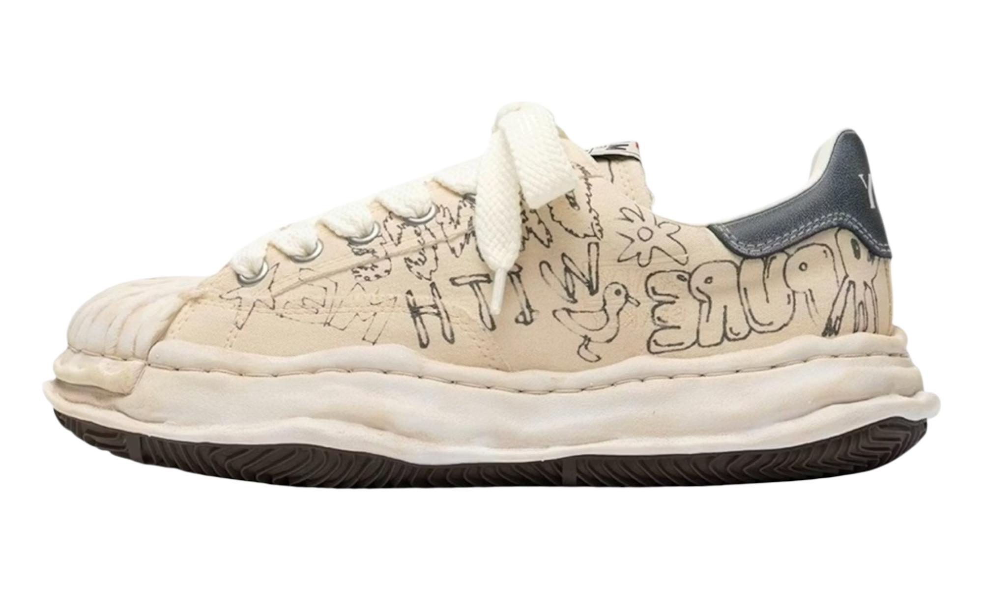 Maison Mihara Yasuhio Blakey Original Sole Graffiti Printed Canvas Cream Low-Top Sneaker