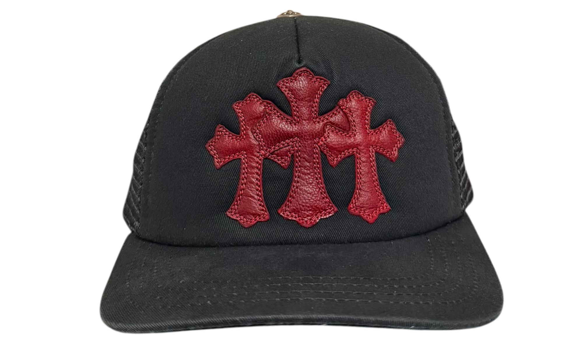 Chrome Hearts Red Cemetery Cross Patch Black Trucker Hat (PreOwned)
