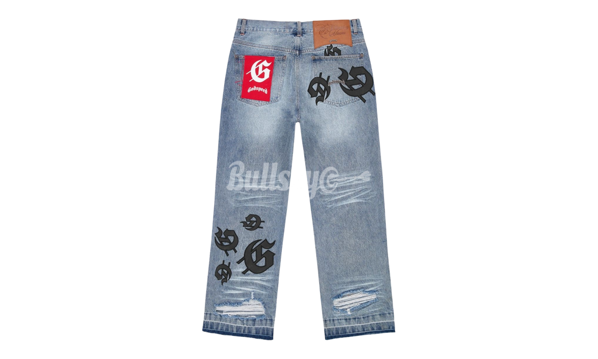 Godspeed Scattered GS Logo Blue Wash Denim Jeans
