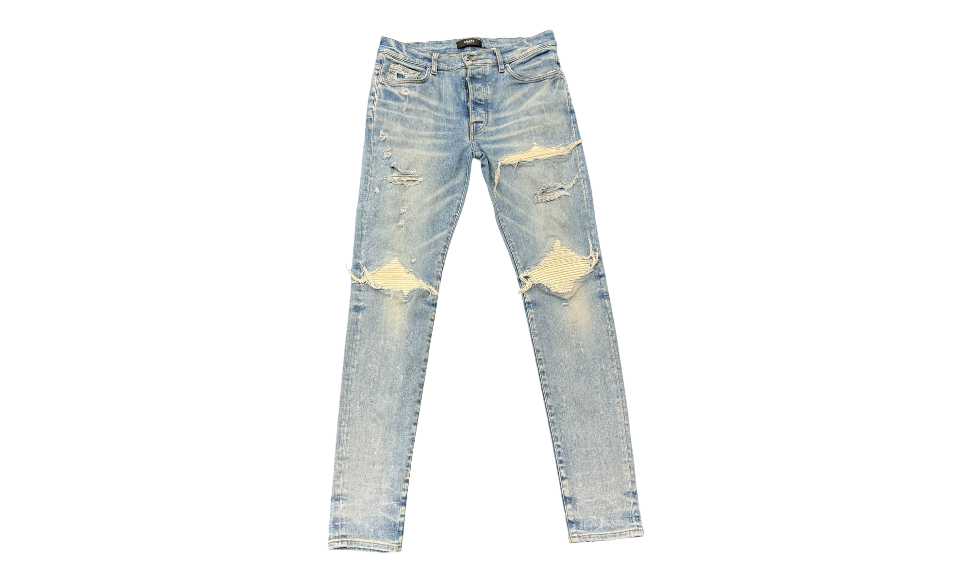 Amiri MX1 Ultra Suede Distressed Blue Denim Jeans (PreOwned)
