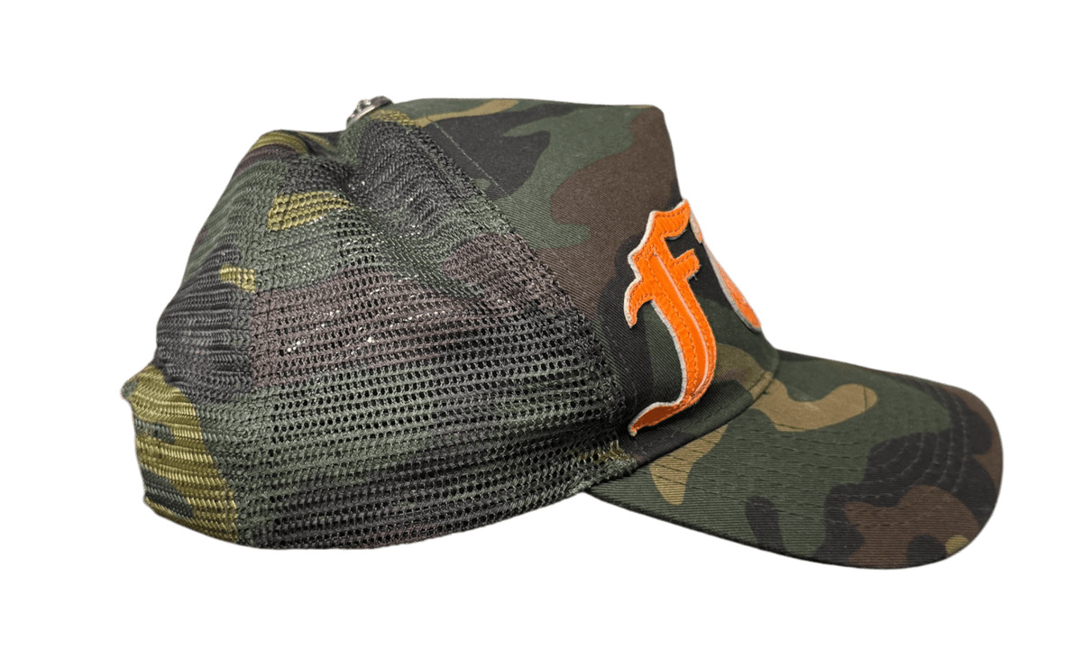 Chrome Hearts Vintage Camo Orange Leather Patch Trucker Hat (Preowned)