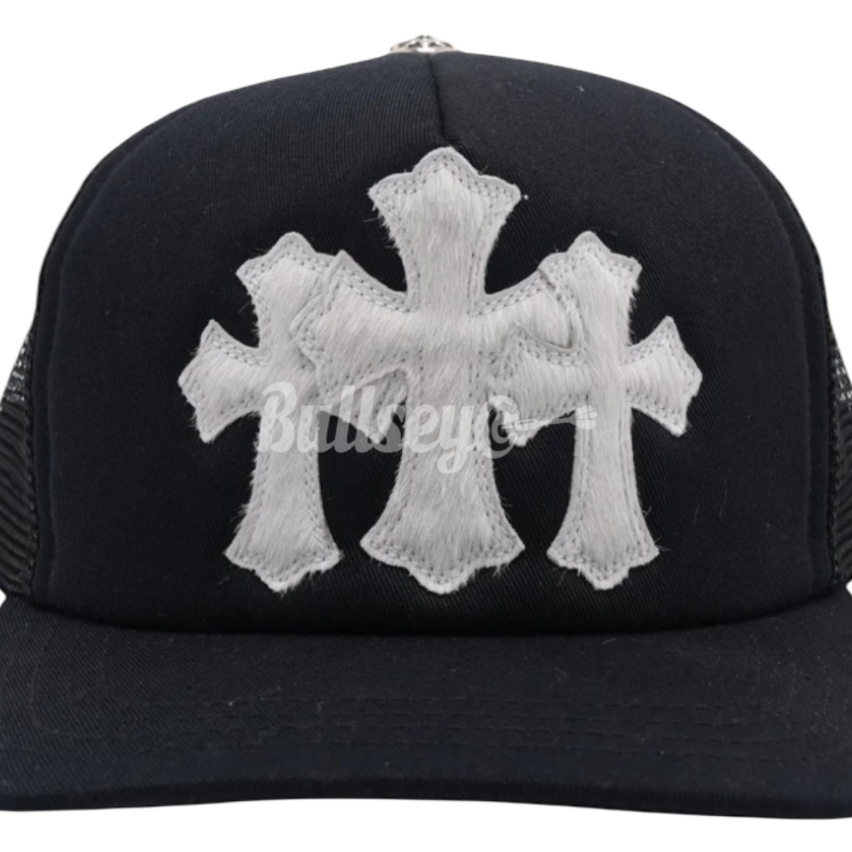 Chrome Hearts Pony Hair Cemetery Cross White Patch Black Trucker Hat