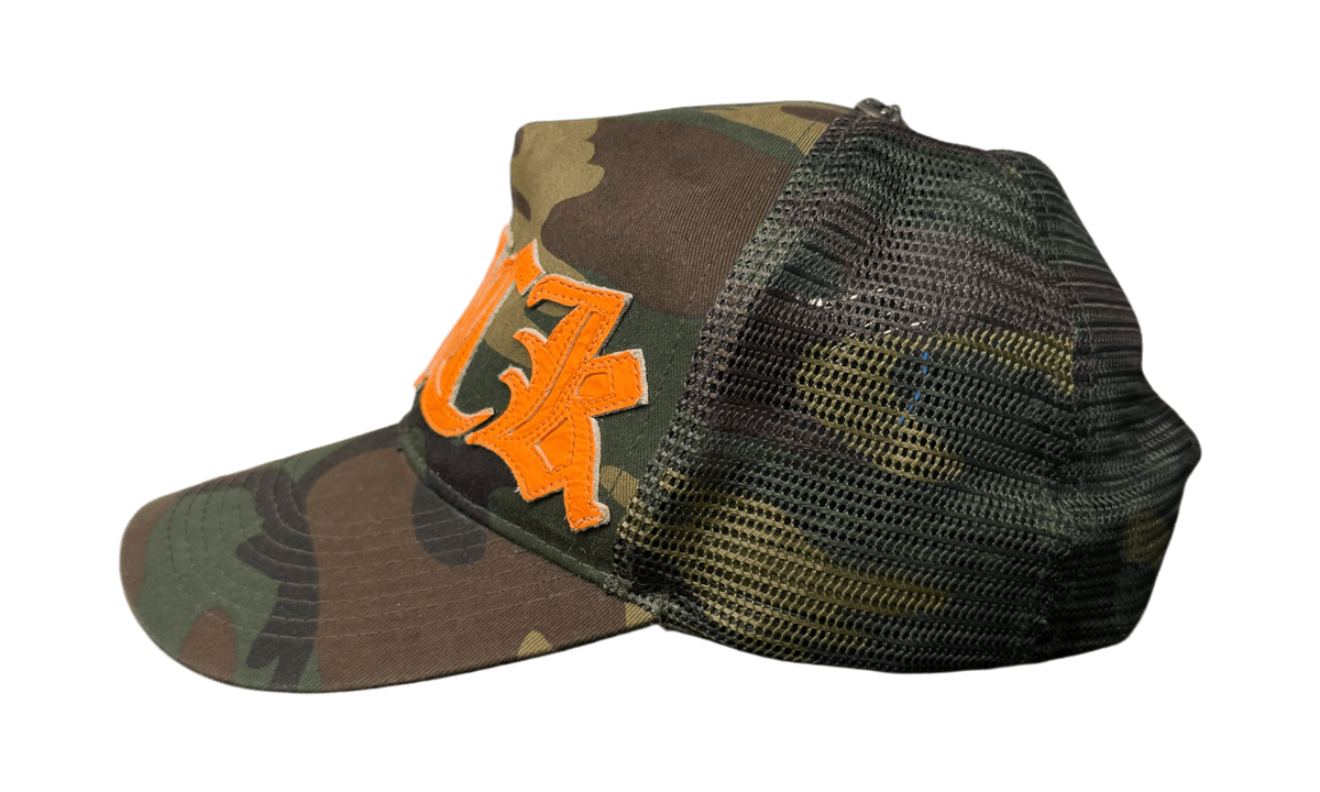 Chrome Hearts Vintage Camo Orange Leather Patch Trucker Hat (Preowned)