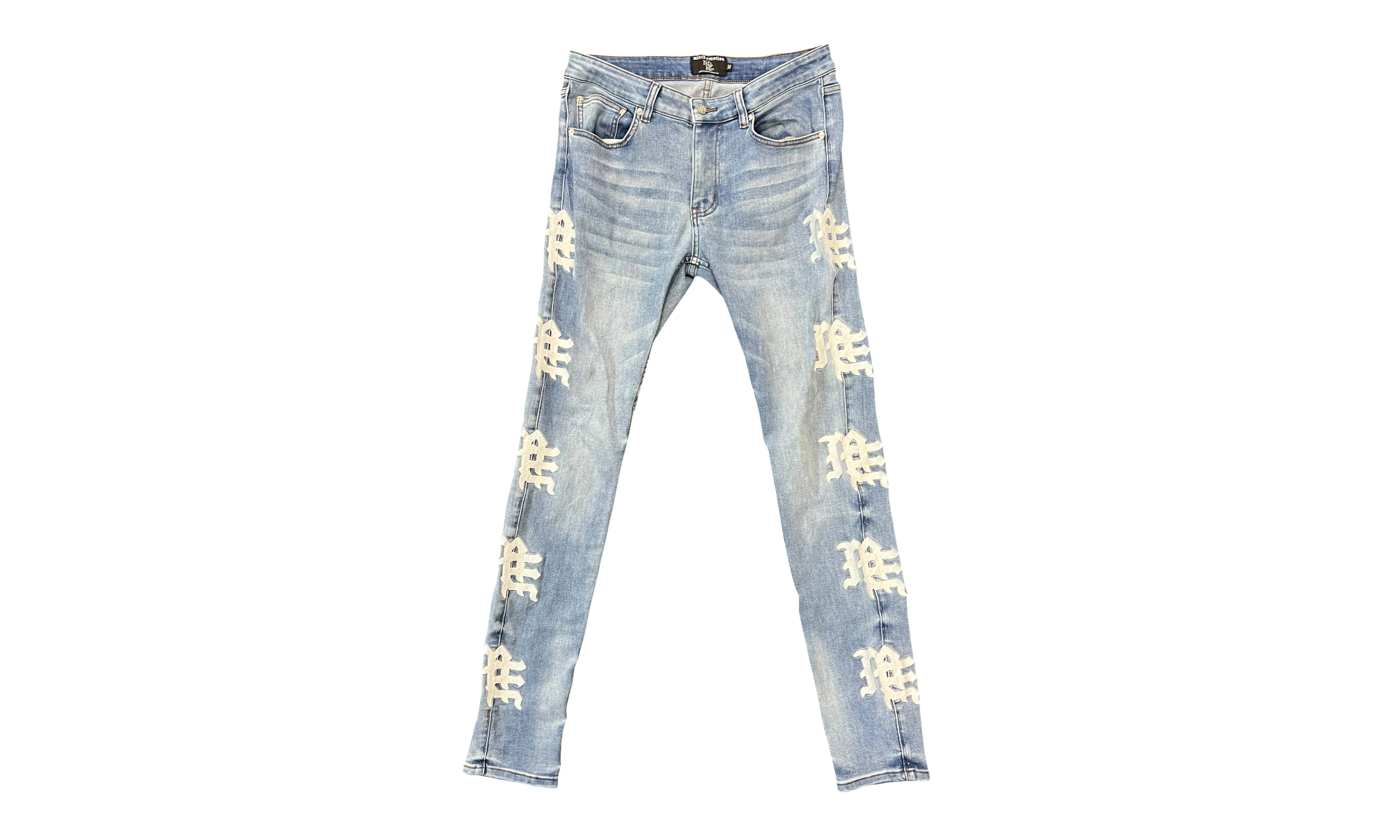 Mixed Emotion "Monogram" Blue Wash White Logo Denim (PreOwned)