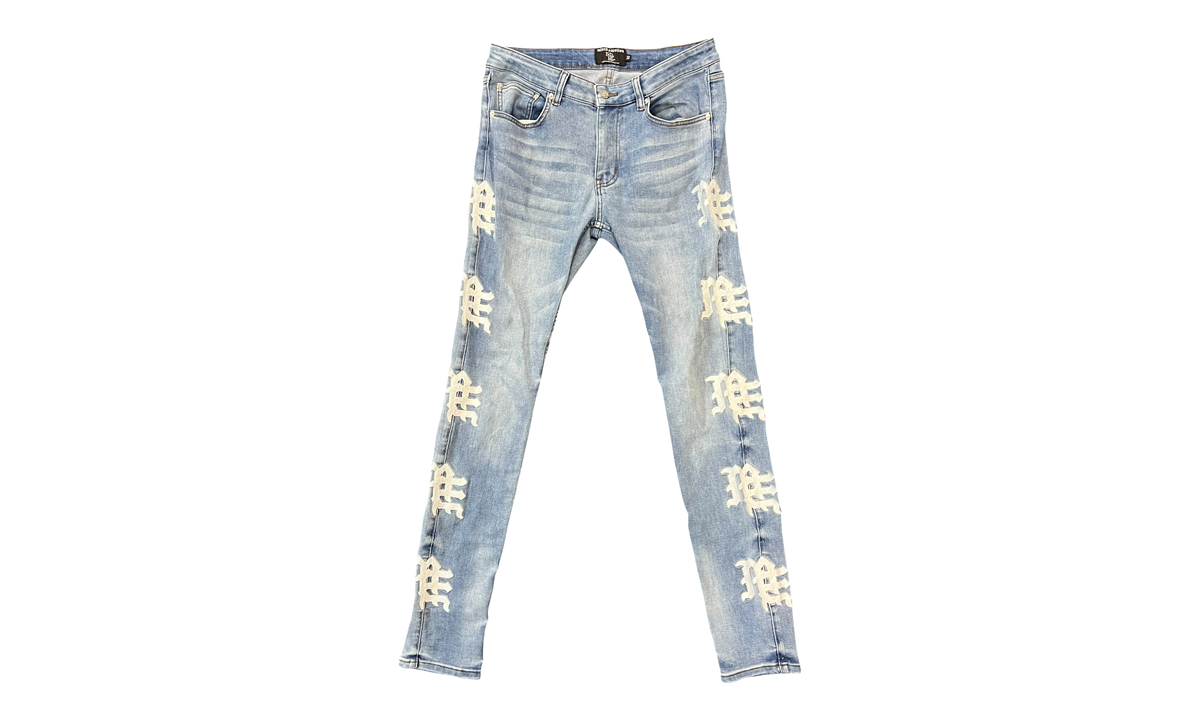 Mixed Emotion "Monogram" Blue Wash White Logo Denim (PreOwned)
