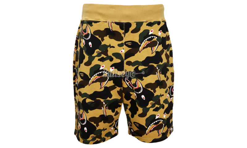 BAPE Shark 1st Yellow Camo Wide Sweat Shorts-Laces Up in Daring Bustier Dress & Ankle-Wrap Sandals For the MTV VMAs